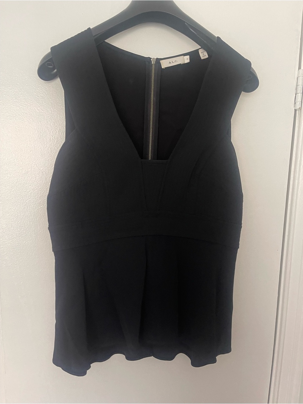 A.L.C. Black V-Neck Sleeveless Peplum Top with Back Zip